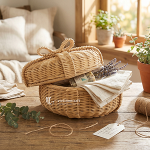 Round Woven Rattan <b>Gift</b> <b>Box</b> Basket with Lid Wicker Wardrobe Storage <b>Hamper</b> with Bow-Knot Accent Sustainable Holiday Use - Product Image 3