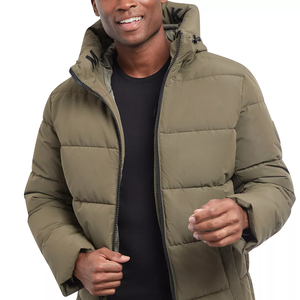 Men's Olive Green Hooded Puffer <b>Jacket</b> <b>Zipper</b> Closure Windproof Casual Winter Regular Fit Canvas Sherpa Lining Polyester Wadding - Product Image 1
