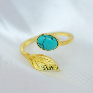Bague en turquoise naturelle plaquée or et argent, faite à la main, motif feuille, pierre précieuse, bague ouverte, bijoux fins tendance - Product Image 1