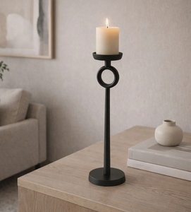 Modern Matte <b>Black</b> <b>Pillar</b> <b>Candle</b> Holder with Unique Ring Design and Round Base for Elegant Minimalist Tabletop Decor Statement - Product Image 1