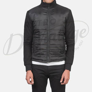 Chaqueta híbrida acolchada negra para hombre, corte ajustado, parte delantera acolchada con mangas de algodón y forro polar, informal, cálida para invierno, con cierre de cremallera. - Product Image 1