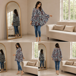 Túnica de Seda Premium con Estampado Paisley para Mujer, Cuello en V |   Detales plisados, mangas largas, tela ligera ecológica, natural - Product Image 4