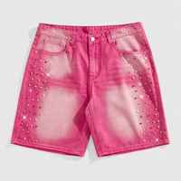 Pantalones Cortos de Mezclilla Personalizados para Hombre, Cintura Media, Corte Recto, Estilo Urbano, Bordado de Diamantes, Transpirables, Ecológicos, 100% Algodón, Lavado Claro