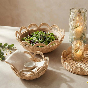 Ensemble de bols festonnés en rotin faits à la main, style bohème, panier de service pour salade, artisanat en bambou naturel, vaisselle décorative - Product Image 1