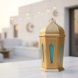 Fabricants de décorations du Ramadan, lanterne à bougie marocaine en métal doré avec verre coloré pour la maison et les événements - Product Image 1