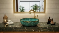 Évier de comptoir rond de luxe en acier au carbone avec robinet doré, finition turquoise, écologique et durable pour salle de bain domestique