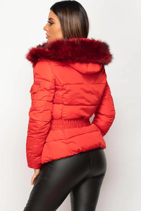 Women's Red <b>Quilted</b> Winter Jacket With Fur Hood Zipper Closure Full Sleeve Polyester Wadding <b>Thick</b> Puffer Coat - Product Image 2
