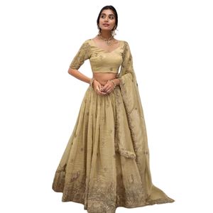 Conjunto de Lehenga Choli beige bordado con mangas tres cuartos, cuello redondo, corte en A, largo hasta el suelo, estilo clásico - Product Image 1