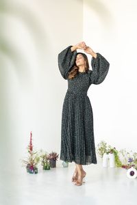 Vestido Maxi con Estampado Floral, Cuello Alto, Manga Larga, Corte en A, Chifón, Casual, Holgado, Transpirable, con Dobladillo Plisado, Cómodo para Primavera - Product Image 3