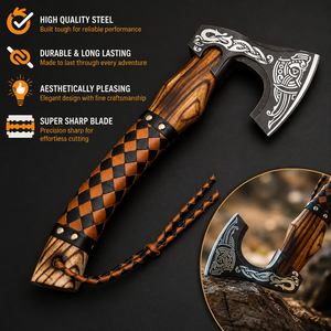 Hacha Vikinga Hecha a Mano con Nudo Nórdico Grabado, Hoja de Acero al Carbono, Mango de Madera de Fresno y Palisandro, Forjada a Mano, Hacha Tomahawk para Supervivencia, Uso Pesado - Product Image 3