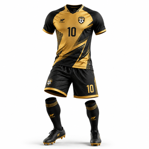 Ensemble de maillots de football personnalisés pour hommes, uniforme de football noir et or, impression par sublimation, manches courtes, maille 100% polyester, équipe - Product Image 3