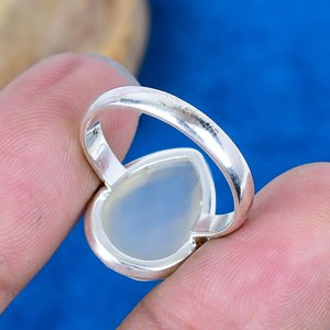 Natural White Chalcedony Gemstone Pear Shape Handmade <b>Ring</b> <b>925</b> Sterling <b>Silver</b> Finish - Product Image 4