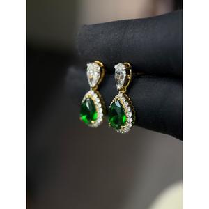 14K Gold Pear Shape Emerald & Diamond Drop Earrings | 3 Ct Pear & 0.90 Ct Round Diamond with 2.90 Ct <b>Green</b> Emerald Fine Jewelry - Product Image 1