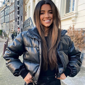 Blouson matelassé court pour femme, col montant, fermeture éclair et boutons-pression, manteau d'hiver rembourré, vente en gros - Product Image 5