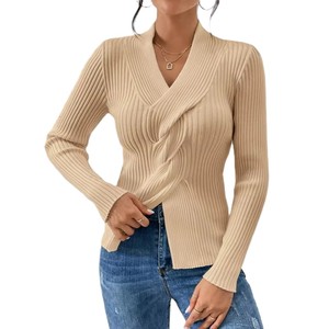 Cárdigan de Manga Larga con Cuello en V para Mujer, Estilo Coreano, Color Sólido, Corte Ajustado, Detalle de Abertura en el Bajo, Spandex/Algodón, Secado Rápido, Estilo Europeo - Product Image 1