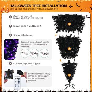 Albero di Natale Artificiale Pre-Illuminato da 6 Piedi, Invertito, Nero, con 250 Luci Viola e Decorazioni di Zucca e Teschio - Product Image 6