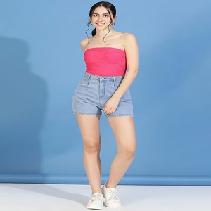 Shorts en jean taille haute pour femme, coupe bootcut, délavage moyen, coupe droite, couleur unie, imperméable, style vintage Y2K, fermeture boutonnée, idéal pour l'été - Product Image 2