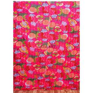 Couvre-lit Kantha indien fait main, 100% coton, imprimé à la main, motif floral, poids du tissu 220g, origine Rajasthan - Product Image 1