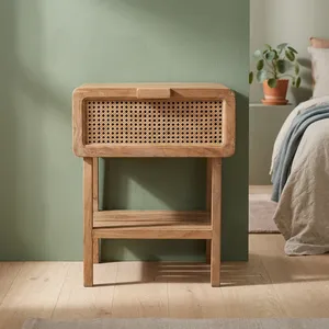 Solid Wood Rattan Cane Handwoven One Drawer Bedside <b>Table</b> Square Nightstand Bedroom <b>Storage</b> <b>Side</b> <b>Table</b> Farmhouse Home Furniture - Product Image 4