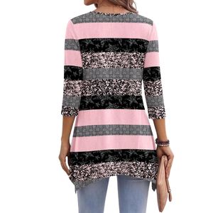 <b>Blue</b> Stripe Floral Plus Size Casual Rayon <b>Tunic</b> Mixed Print Crew Neck Curved Hem Daily Wear Women's <b>Tunic</b> Tops - Product Image 2