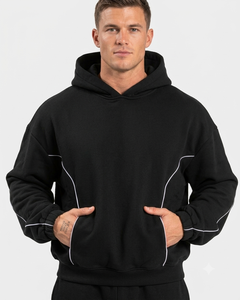 Ensemble de survêtement personnalisé pour homme, noir, coupe oversize, avec détails contrastants, en molleton de coton de qualité supérieure, comprenant un sweat à capuche et un pantalon de survêtement à jambes larges, OEM - Product Image 3