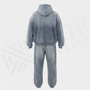 <b>Acid</b> Washed Stonewashed Oversized <b>Drop</b> Shoulder Stylish Tracksuit Sweatshirts Front Logo Hoodie Men's Workout Gear - Product Image 2