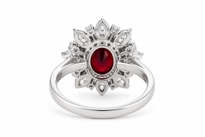 Bague Halo Florale Classique de Luxe avec Pierre Précieuse Ovale Rouge et Accents de Grenat Taillé Poire pour Femme, Or 10K 14K 18K, Argent 925 935, Rhodium - Product Image 4