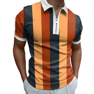 เสื้อโปโลแขนสั้นลายทางผู้ชาย มีซิป ดีไซน์ทอผ้าแบบลำลองสีตัดกัน - Product Image 5