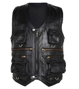 Gilet en cuir de vachette véritable pour hommes Veste d'hiver sans manches avec poches multiples Gilet de moto épais pour motards en toile - Product Image 5