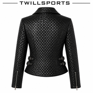 Blouson moto en cuir PU noir pour femme, design matelassé, fermeture éclair sur le devant, détail ceinture, longueur normale, manches longues, coupe ajustée, automne - Product Image 2