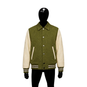 Veste universitaire décontractée PREMIUM OLIVE, modèle de maquette vue de devant, avec manches crème, col rabattu, en mélange de laine, pour l'automne - Product Image 1