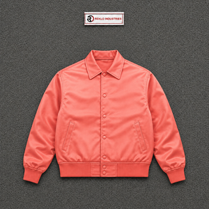 Chaqueta Varsity de Satén Rosa Coral Personalizada para Hombre, Chaqueta Bomber Lisa al por Mayor con Botones a Presión, Fabricante OEM, Venta de Chaquetas con Botones en el Pecho - Product Image 5