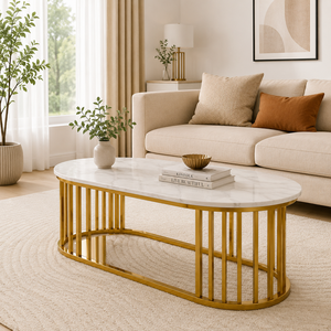 Luxury Oval Marble Top Coffee <b>Table</b> with <b>Gold</b> Stainless Steel Base | Modern Center <b>Table</b> for Living Room, Hotel & Contemporary - Product Image 3
