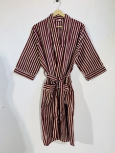 Bata Kimono de Algodón a Rayas Color Granate |   Bata informal de manga larga para estar en casa |   Albornoz para Mujer - Product Image 1