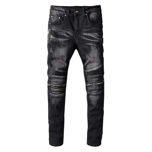 Jean droit pour homme de créateur, coupe skinny en denim noir délavé avec poches zippées élégantes, style streetwear ajusté - Product Image 1