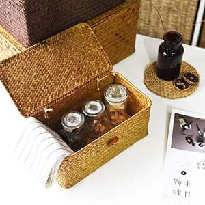 Panier de rangement en jonc de mer rectangulaire tressé à la main avec couvercle pour étagère, usage domestique, fabriqué au Vietnam - Product Image 2