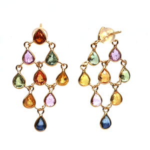 Pendientes de Zafiro Multicolor Natural en Forma de Pera en Oro Amarillo Sólido de 18K – Gotas de Piedras Preciosas en Forma de Lágrima Arcoíris con Engaste de Bisel - Product Image 2
