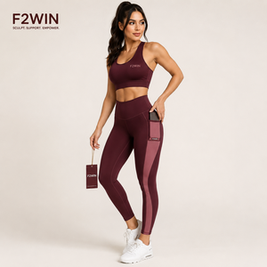 Ensemble de yoga F2WIN pour femmes, leggings taille moyenne, longueur intégrale, couleur unie, écologique, séchage rapide, sans couture, vêtements de sport, ensemble de 2 pièces pour l'entraînement - Product Image 5