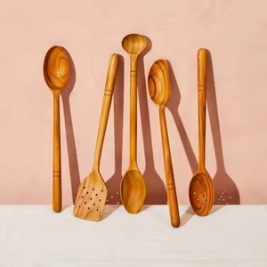Juego de cucharas de cocina de madera natural con espátula, cuchara para servir y cuchara para mezclar, para herramientas de cocina profesionales. - Product Image 1