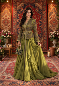 Vestido Maxi Transpirable Verde Oliva con Bordado a Mano y Pedrería para Mujeres Musulmanas Europeas, Sofisticado e Islámico - Product Image 5