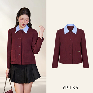 เสื้อเบลเซอร์ครอปผู้หญิงสีเบอร์กันดี ผ้าโพลีเอสเตอร์/สแปนเด็กซ์ ดีไซน์หรูหรา คอปกถอดได้ ลายทาง แขนยาว สำหรับฤดูใบไม้ร่วงและฤดูหนาว รุ่น SELENE - Product Image 1
