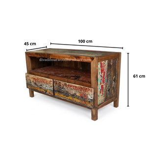 Mueble para TV DIVADI de Madera de Barco Reciclada, Sostenible, con 2 Cajones, Madera Sólida, Moderno, Unidad de Entretenimiento de Madera Reciclada, Soporte para Dispositivos Multimedia - Product Image 2