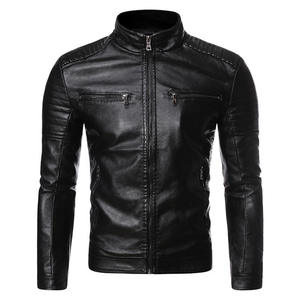 Blouson moto en cuir PU noir pour homme, col montant, fermeture éclair, coupe ajustée, manches classiques, couleur unie, idéal pour l'automne - Product Image 1