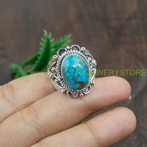 Anillo de Turquesa Azul Natural con Cobre, Plata de Ley 925, Hecho a Mano, Estilo Boho Vintage para Mujer - Product Image 4