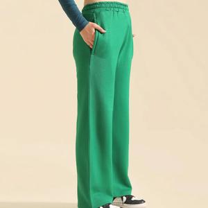 Pantalon large en molleton vert pour femme, taille haute élastique, coupe ample, longueur intégrale, couleur unie, avec poches, pour l'automne - Product Image 5