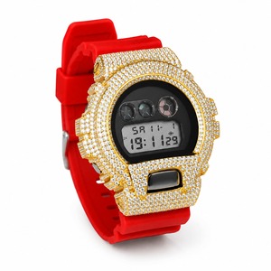 Reloj digital de lujo con bisel cuadrado de diamantes de imitación, correa de silicona roja, moda unisex - Product Image 5