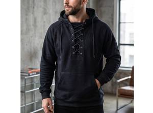 Lace-Up Men's Henley Hoodie, <b>Retro</b>-Style Pullover <b>Sweatshirt</b>, Long-Sleeved Pullover Hooded Sweater - Product Image 1