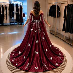 Luxury Burgundy Satin Floor-Length Ball Gown Women Designer Evening Party Dress Natural Watteau Train Butterfly Embroidery - Product Image 4