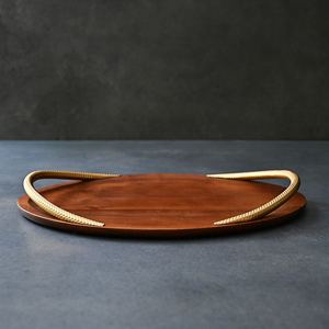 Wholesale Luxury Oval Acacia Wood Serving Tray Bulk Hotel Platter with Elegant Curved Textured Gold Metal Decorative Handles - Product Image 5