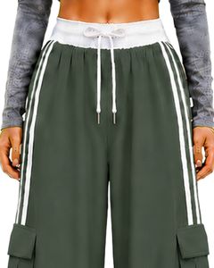 Pantalon de survêtement cargo large respirant en toile vert olive pour homme, taille mi-haute avec cordon de serrage, poches latérales, style streetwear décontracté - Product Image 5